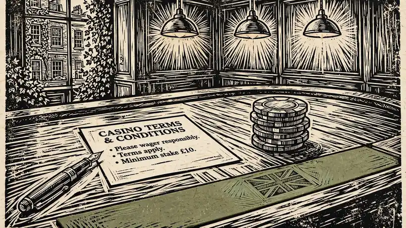 Casino chips and bonus terms document on a wooden table in a UK gaming lounge.