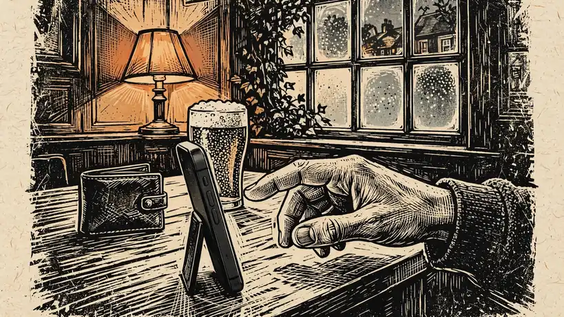 Smartphone on a pub table with a hand paying by phone credit.