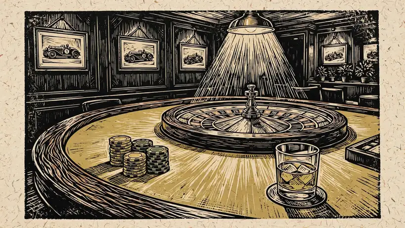 Roulette table with chips and whisky in a modern UK casino lounge