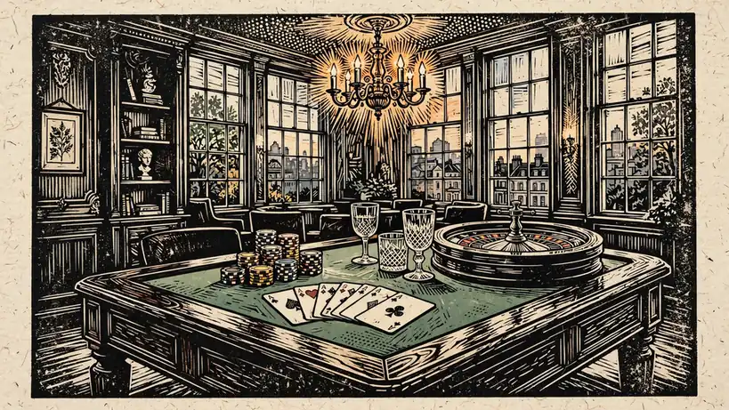 Elegant British casino table with chips, roulette wheel, and cards under warm chandelier light.