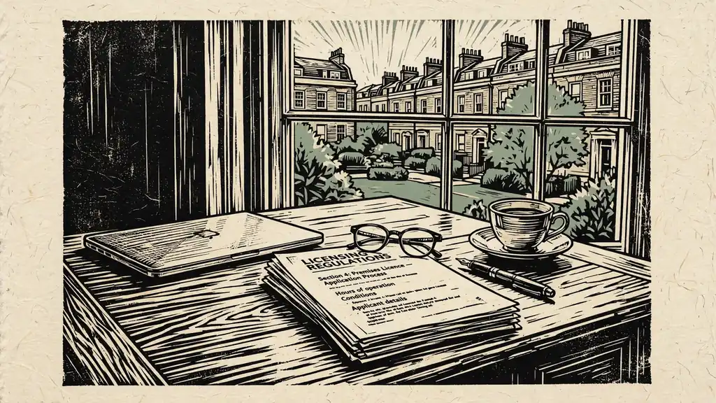 London study desk with laptop, licensing documents, and tea by the window