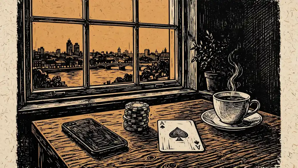 London flat evening scene with poker chips, face-down phone, playing card and cup of tea by the window.