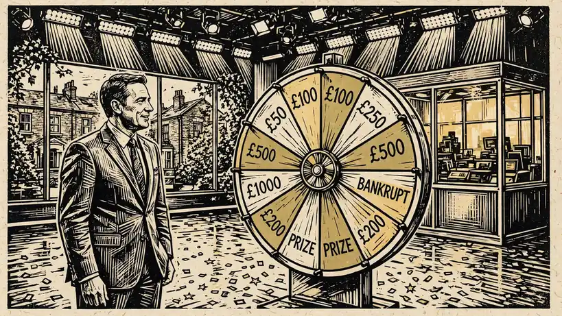 Game show host beside a money wheel in a bright TV studio