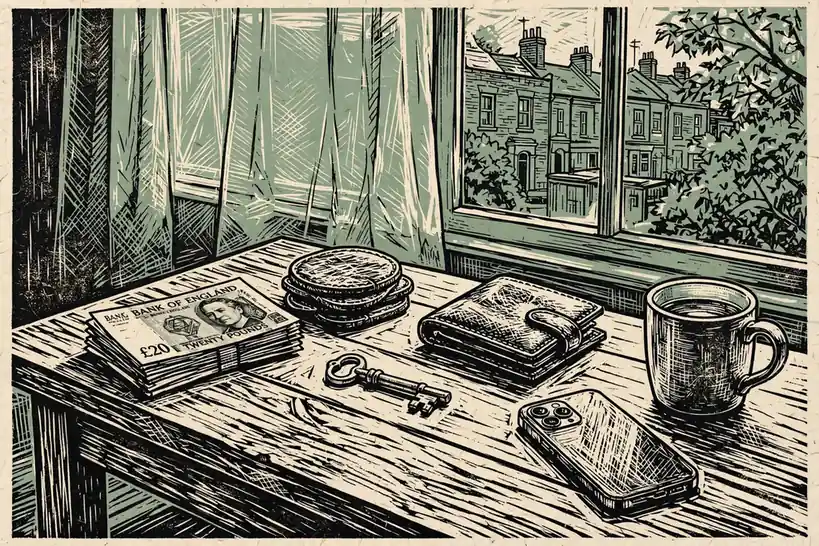 British pounds, a closed wallet, and a face-down smartphone on a wooden table by a window.