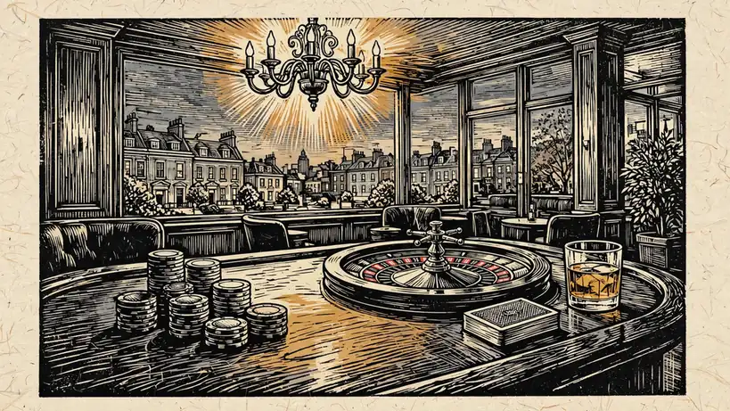 Casino chips, cards and roulette wheel on a wooden table in a British lounge.