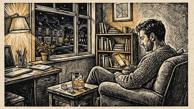 Person relaxing at home with smartphone in a warmly lit British living room at night.