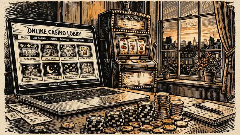 UK online casino lobby on laptop with slot cabinet and gold coins