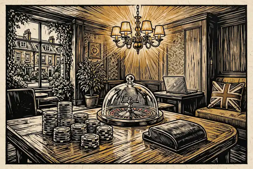Stylish British casino lounge with chips, roulette dome and warm lighting