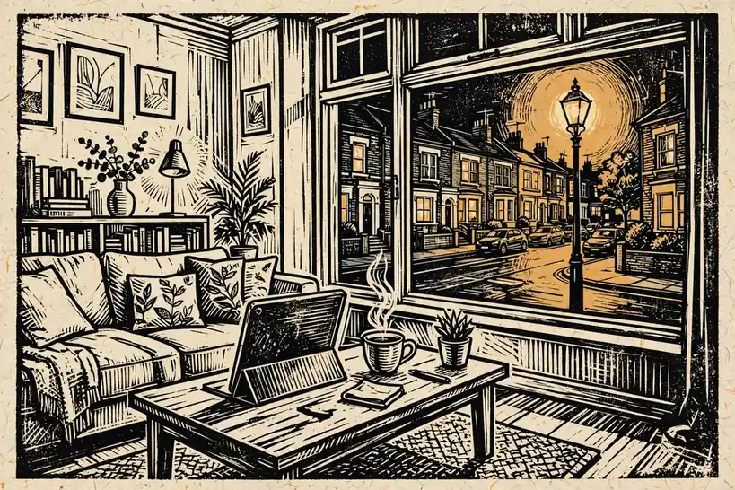 British home interior with a tablet and a cup of tea on a coffee table