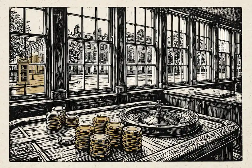 Casino chips, closed laptop and roulette wheel on a wooden table in a London room.