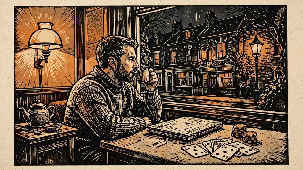 Man at a London table with cards and chips, laptop closed, evening in a flat
