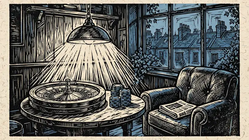 Warm London pub interior with roulette wheel, chips, and evening rooftop view.