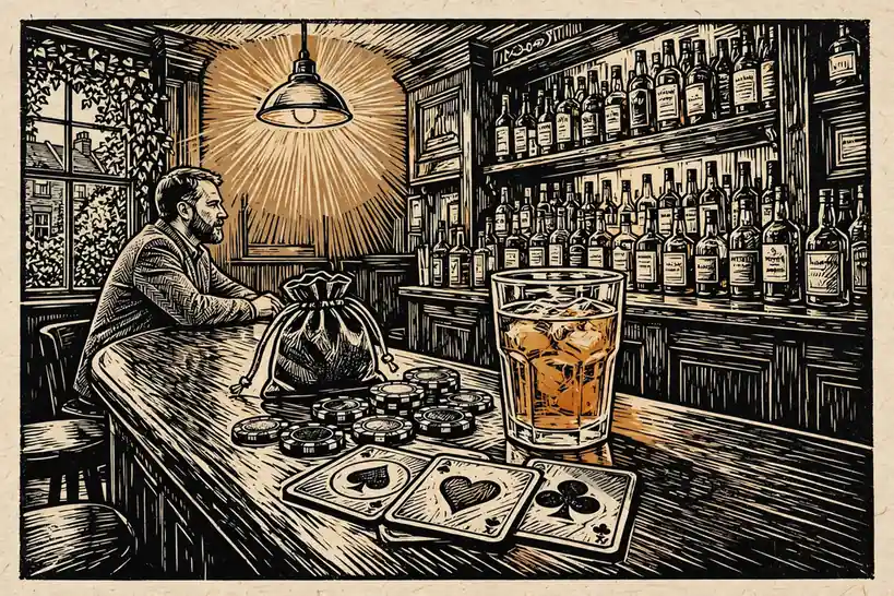 Traditional British pub interior with casino chips on a dark wooden bar.