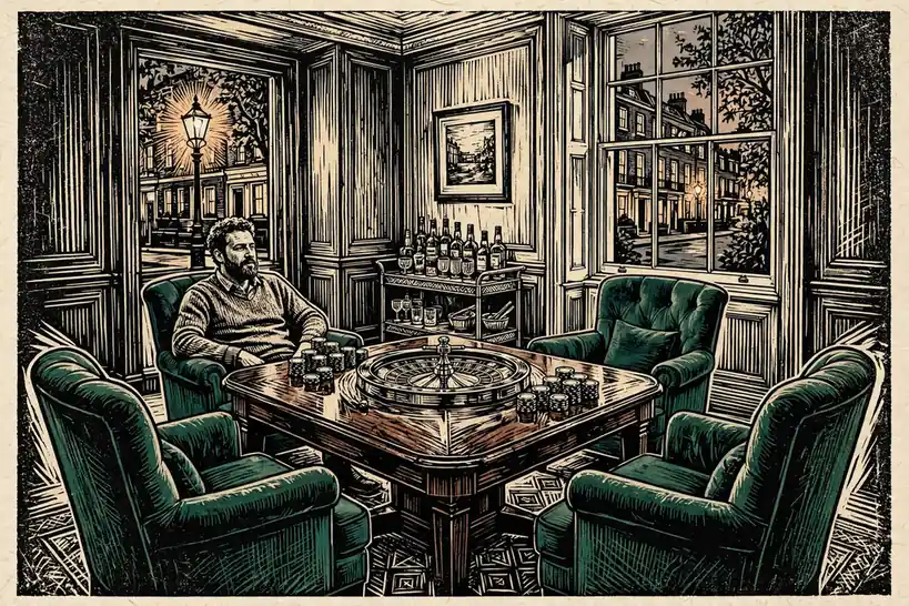 Private London gaming lounge with roulette wheel and stacked chips at dusk