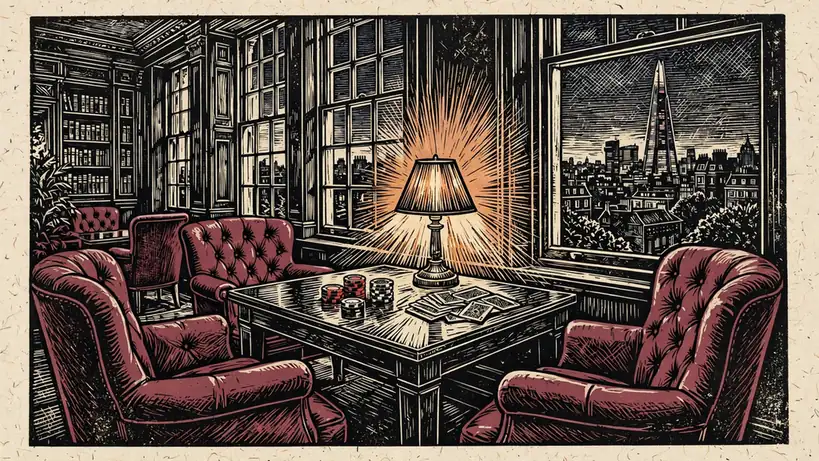 Elegant London club interior with casino chips and skyline view at dusk