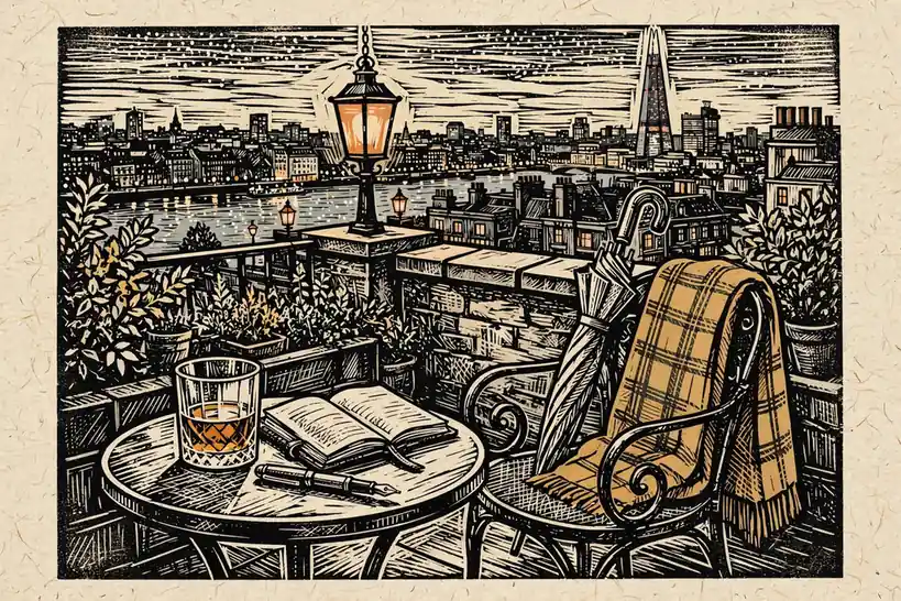 London rooftop terrace at dusk with whisky, notebook, and skyline view.