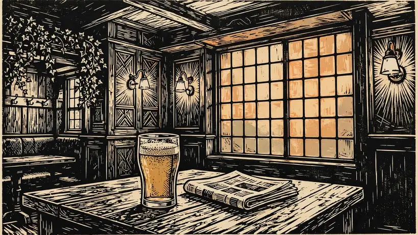 Quiet British pub interior with empty table and pint of ale