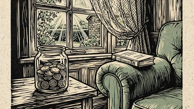 Jar of coins beside an armchair in a British living room.