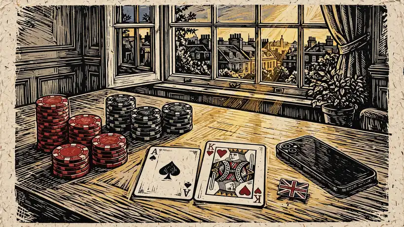 Elegant British interior with casino chips and cards on a wooden table, phone face-down.