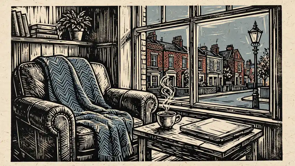 Cozy British living room scene with a closed laptop and tea, hinting at online gambling research.