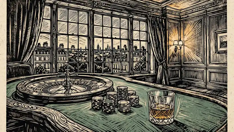 Roulette table with chips in elegant London room at dusk