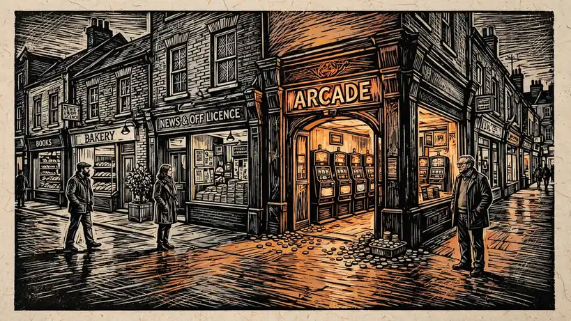 UK arcade entrance with slot machines glowing at dusk