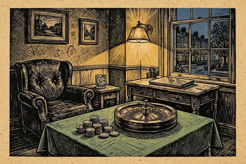 British evening games room with roulette wheel, chips, and whisky glass.