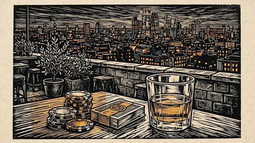 London rooftop at dusk with casino chips and cards on a wooden table