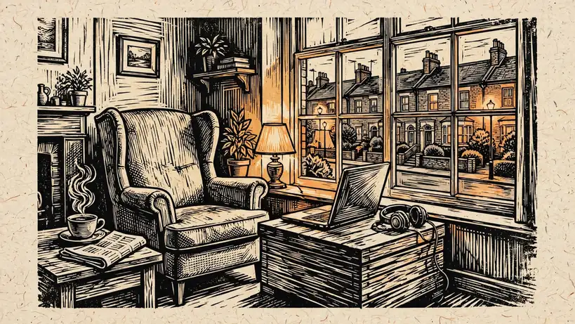 Cozy British living room at night with tea, headphones, and a laptop on a side table.