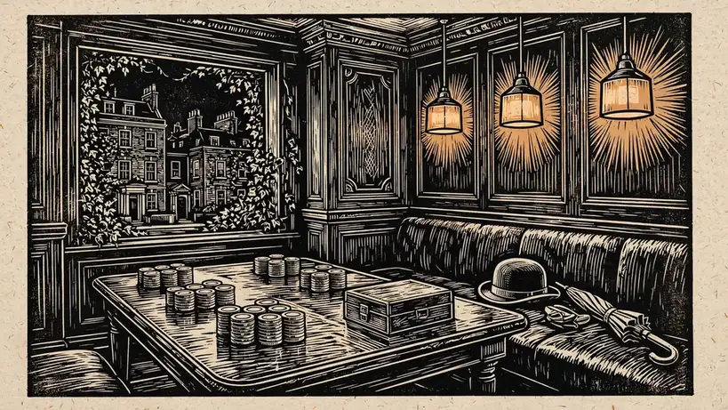 Elegant London casino lounge with chips and cards at night