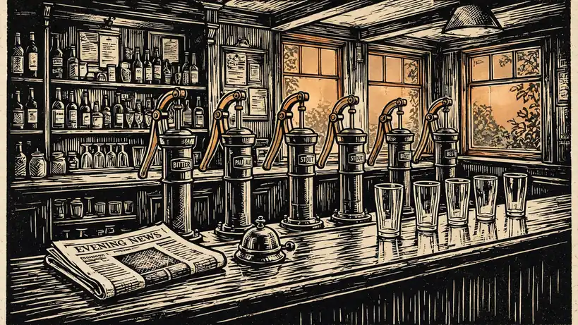 British pub interior with wooden bar, pint glasses and brass hand pumps at dusk.