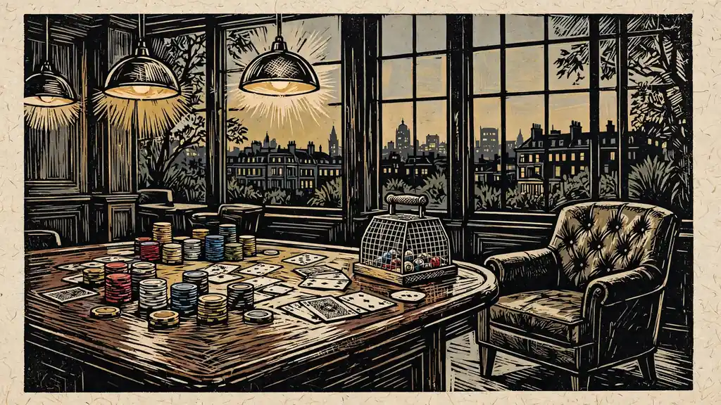 London casino lounge with gaming chips and cards on a wooden table at dusk