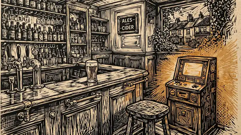 British pub interior with a glowing slot machine and a pint of ale.