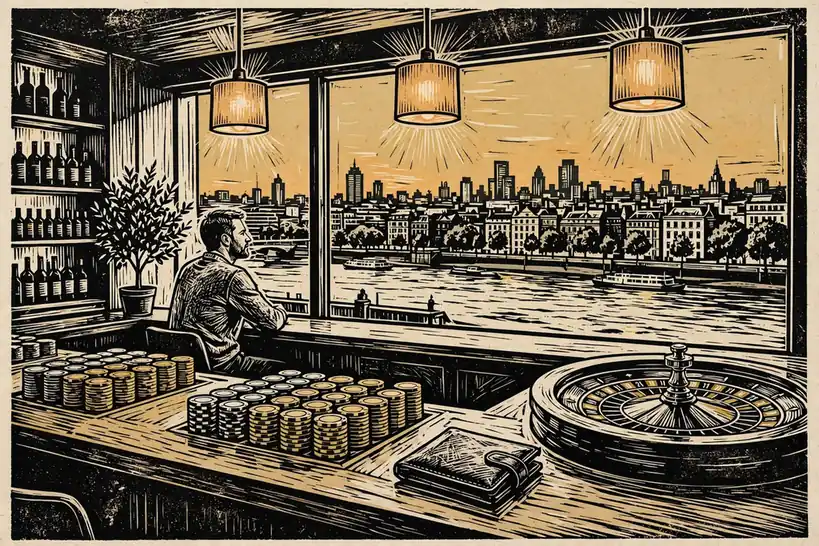 Modern London casino lounge with chips, roulette wheel, and skyline view.