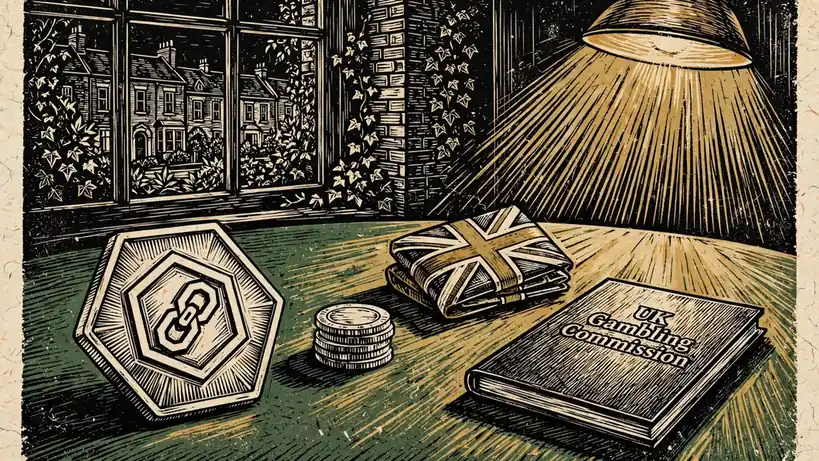 Crypto token with casino chips and UK rulebook on green felt table