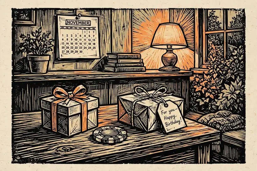 Birthday gift box and casino chip on a wooden table in a British home.