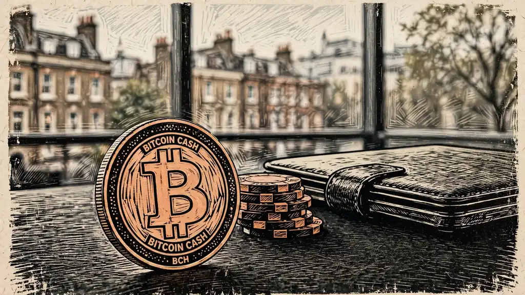 Casino chips, closed laptop, and a Bitcoin Cash coin on a dark surface
