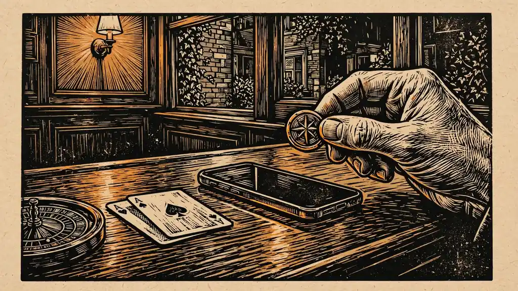 Hand with chip, phone, cards, and roulette on a pub-style bar counter.