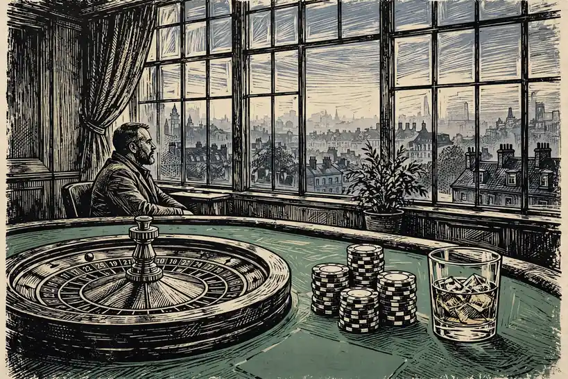 British casino lounge with roulette, chips, and London skyline at dusk.