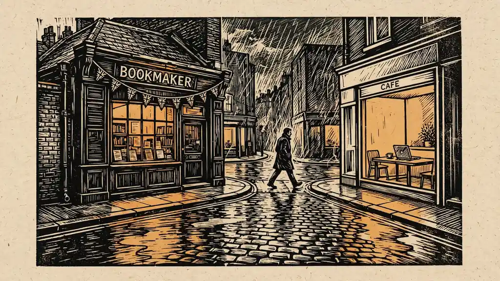 London street corner contrasting a traditional bookmaker with a modern cafe across the road