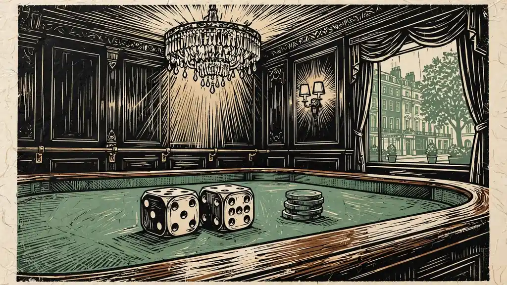 Red dice on a green felt casino table beside stacked chips, UK-style gaming room interior.