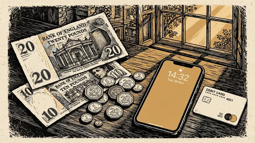 British banknotes, coins, a card and a phone on a wooden table