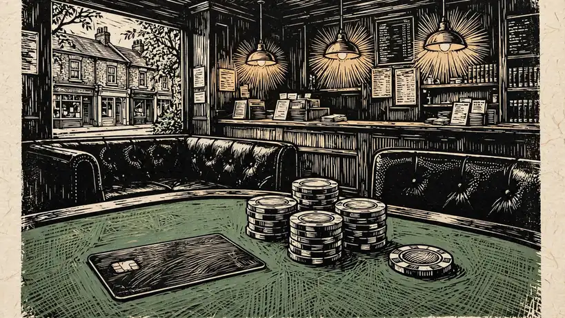 Credit card face-down on green casino table next to stacked chips in a British bookmaker interior.