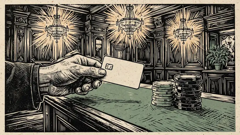 Hand offering a debit card at a British casino cashier desk with chips nearby.