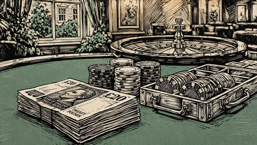 British pounds and casino chips on a roulette table