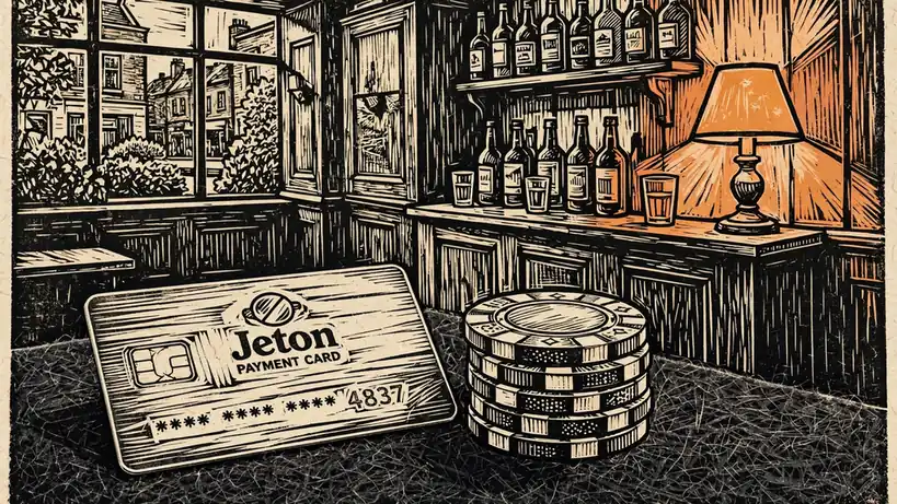 Jeton payment card beside casino chips on dark felt, warm British lounge setting.