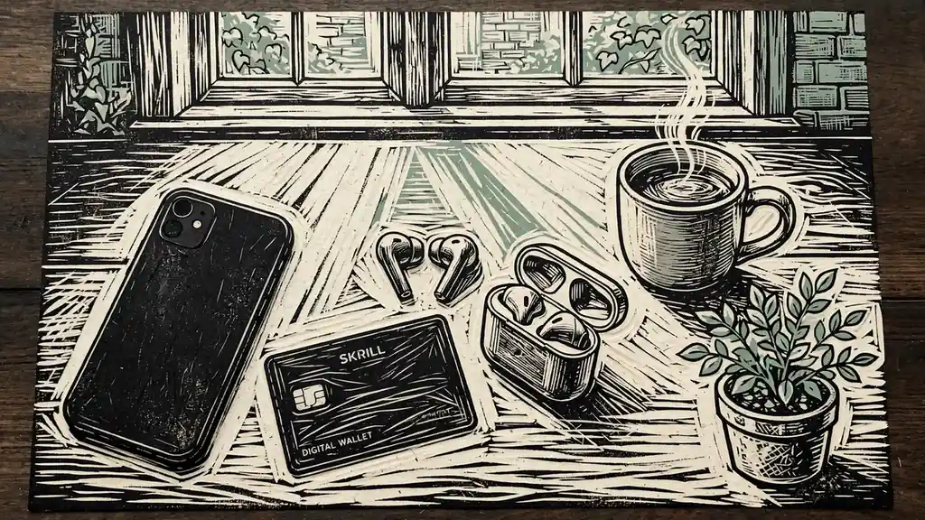 Smartphone, digital wallet card, coffee mug and earbuds on a UK home office desk