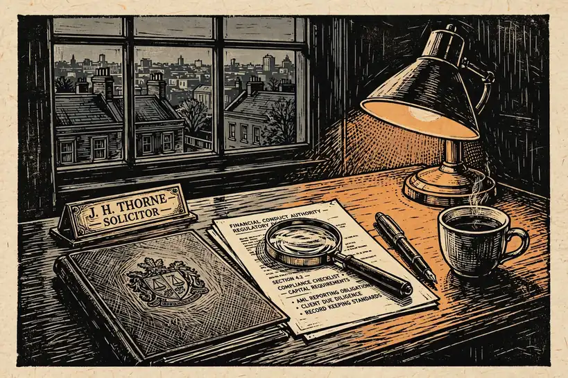 Desk with regulatory documents, magnifying glass and brass nameplate at dusk in a UK office