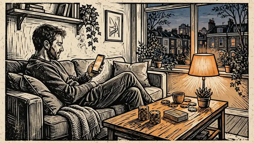 Person with phone and casino chips in a UK apartment