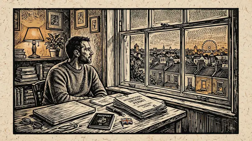 Man at desk reviewing international gambling licences, London rooftop view at dusk.